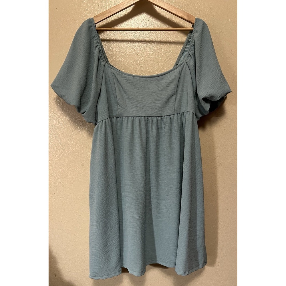Altar'd State Puff Sleeve Baby Doll Dress Boho Festival Light Blue Green‎ Sz XL